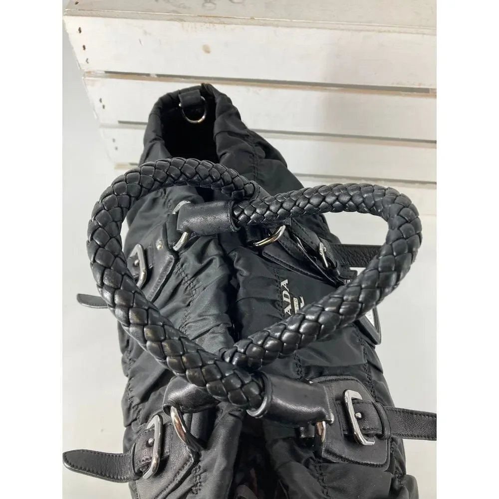 PRADA LARGE BLACK NYLON HANDBAG WITH BRAIDED LEATHER HANDLES - Picture 11 of 16